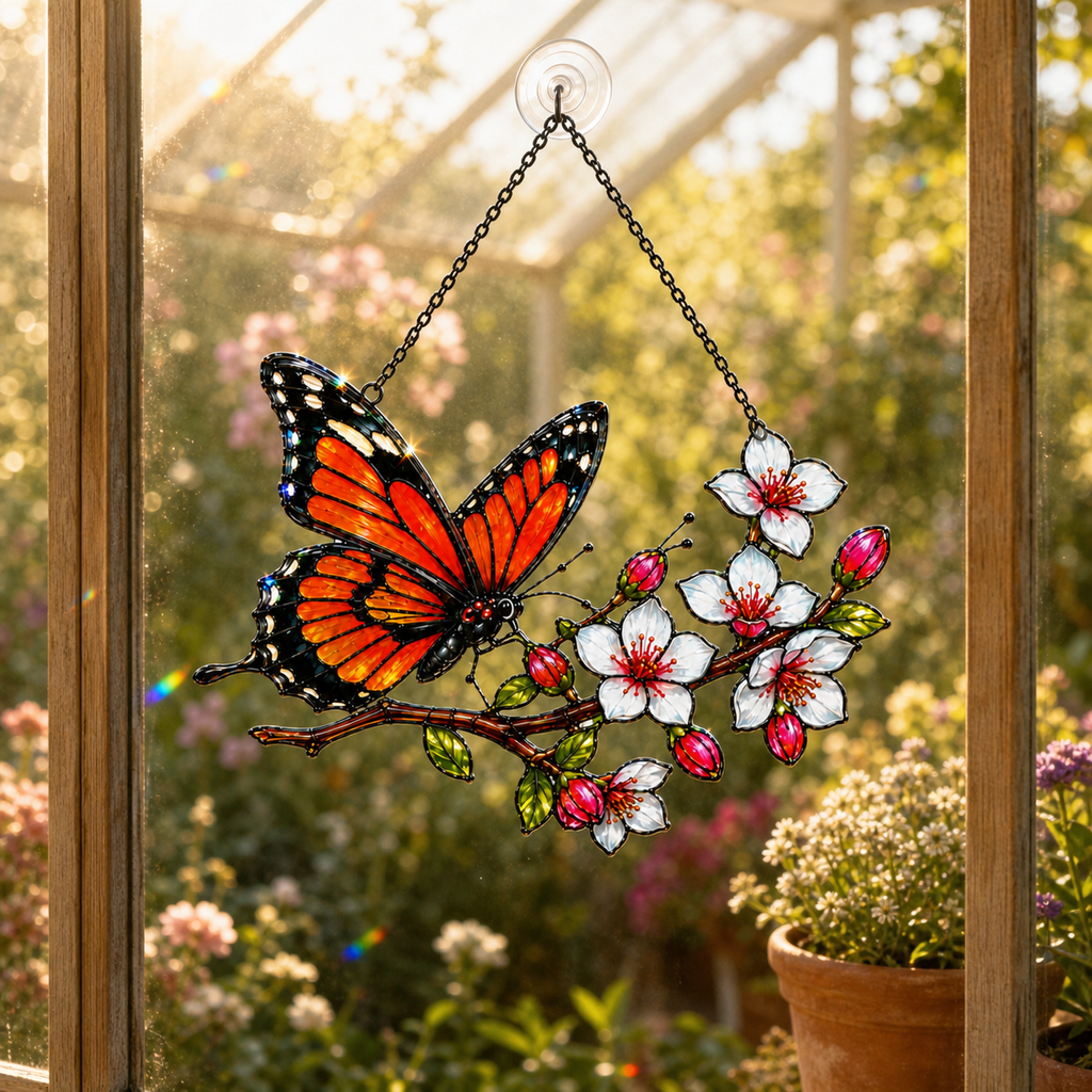 Monarch butterfly cherry blossom suncatcher in a garden window
