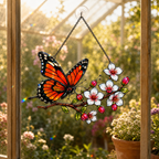 Monarch butterfly cherry blossom suncatcher in a garden window
