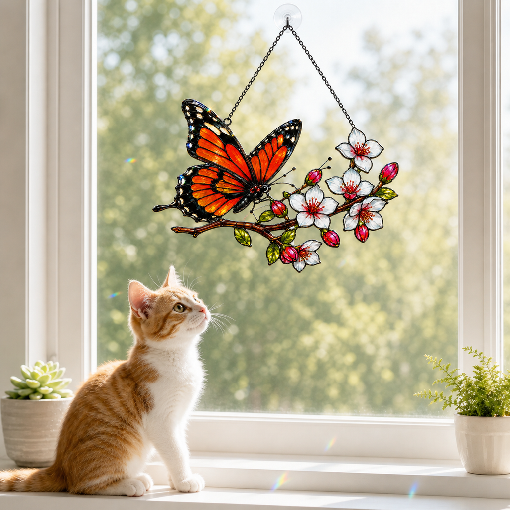 Cat admiring monarch butterfly cherry blossom suncatcher on a windowsill