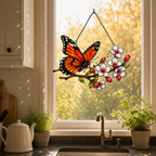 Monarch butterfly cherry blossom suncatcher above a kitchen window