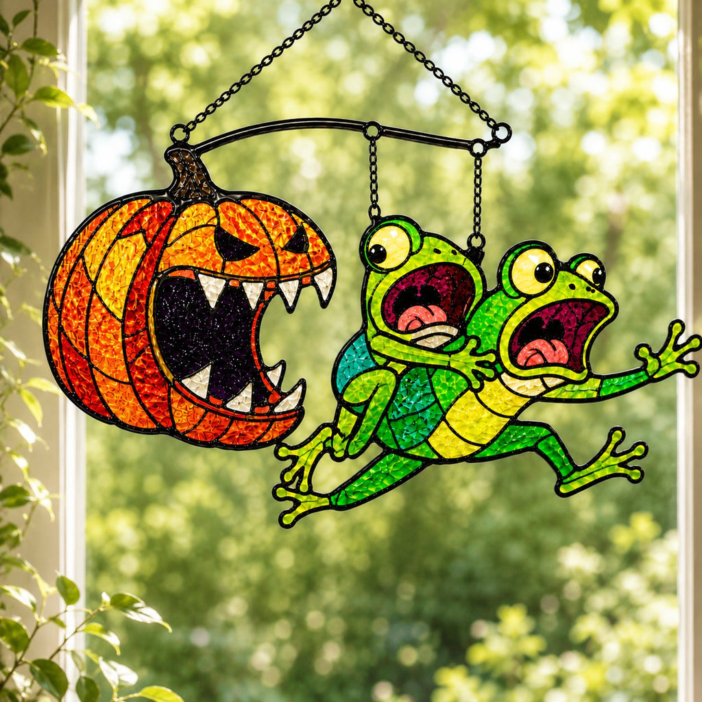 Monster Pumpkin Chasing Frogs Holographic Acrylic Suncatcher