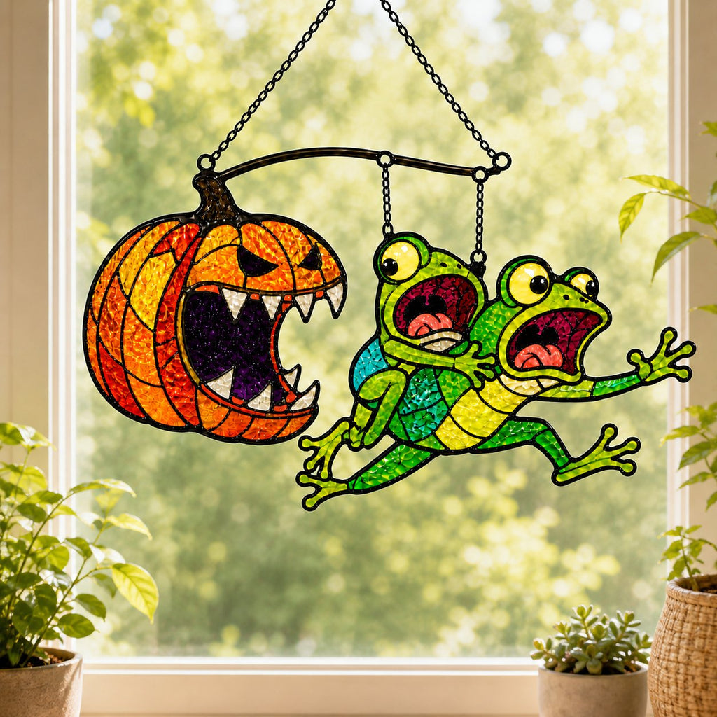Monster Pumpkin Chasing Frogs Holographic Acrylic Suncatcher