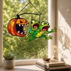Monster Pumpkin Chasing Frogs Holographic Acrylic Suncatcher