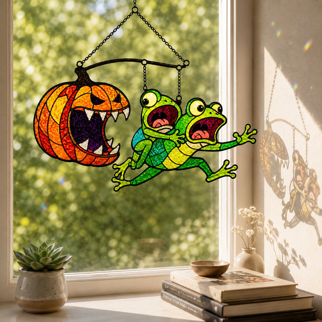 Monster Pumpkin Chasing Frogs Holographic Acrylic Suncatcher