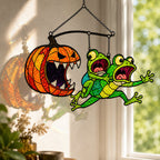 Monster Pumpkin Chasing Frogs Holographic Acrylic Suncatcher