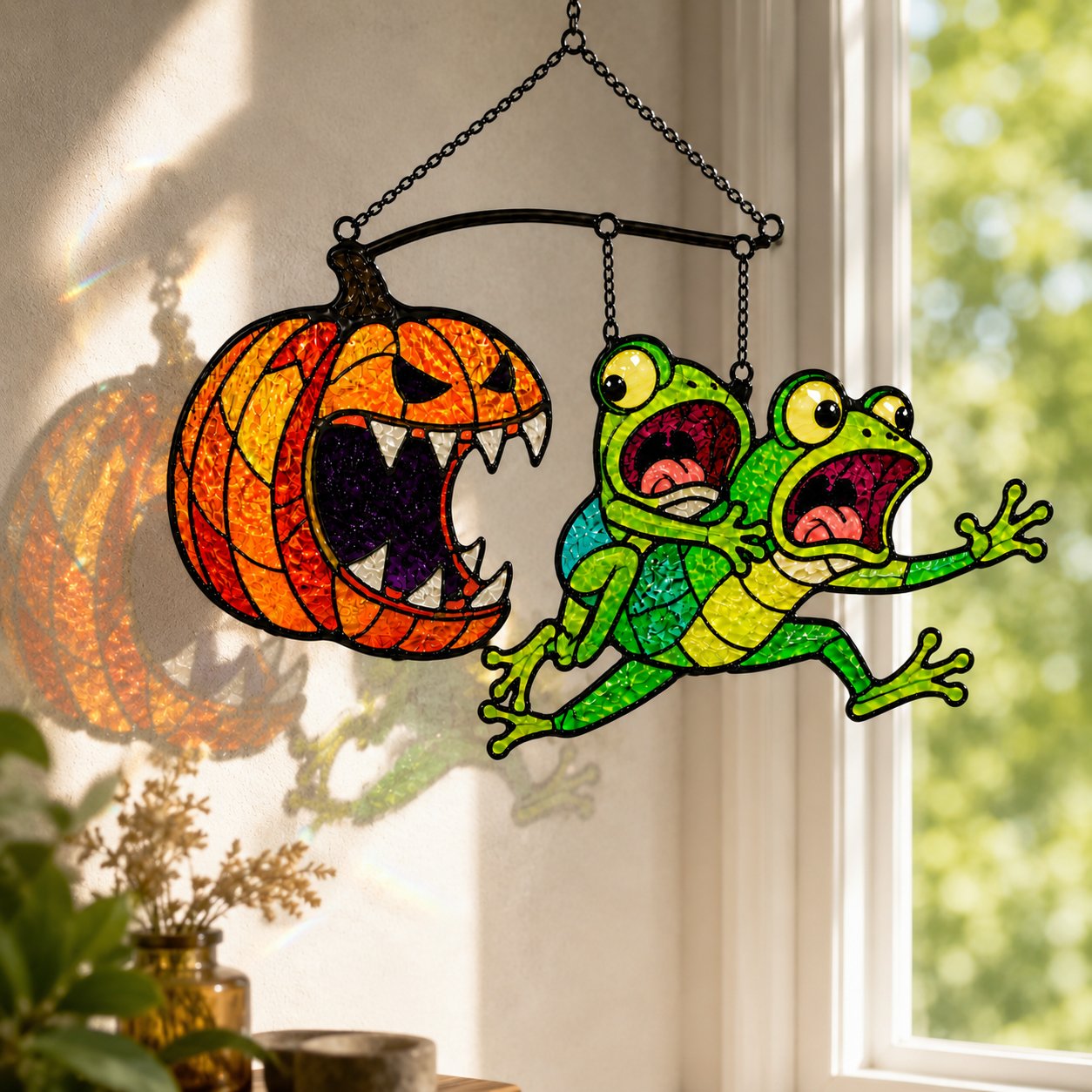Monster Pumpkin Chasing Frogs Holographic Acrylic Suncatcher