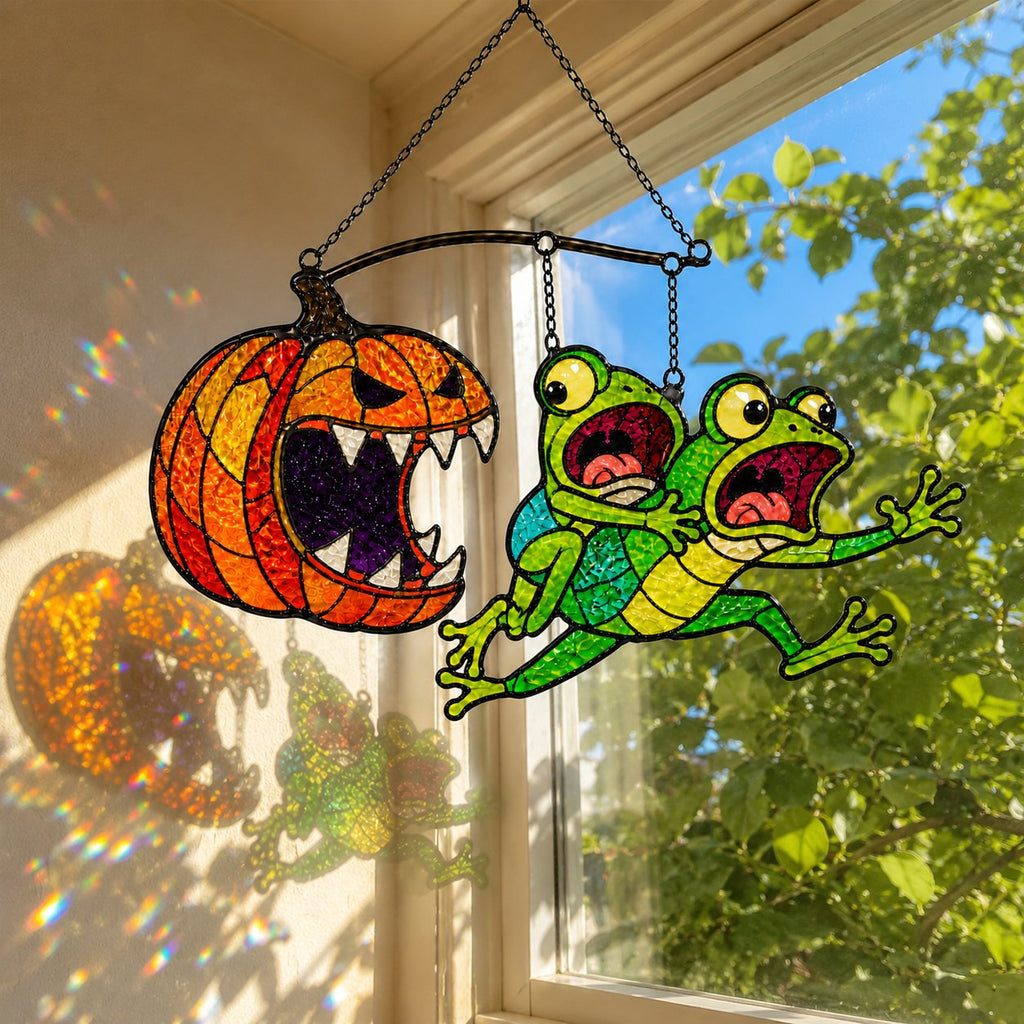 Monster Pumpkin Chasing Frogs Holographic Acrylic Suncatcher