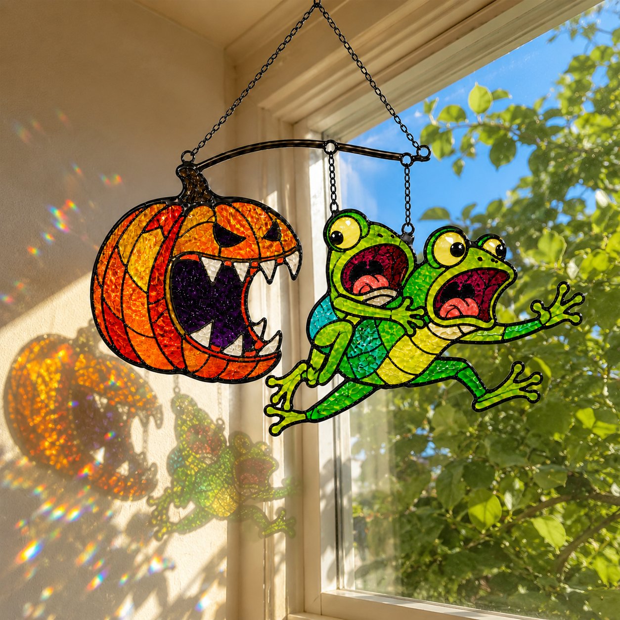 Monster Pumpkin Chasing Frogs Holographic Acrylic Suncatcher