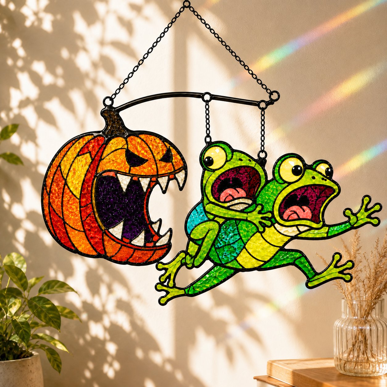 Monster Pumpkin Chasing Frogs Holographic Acrylic Suncatcher