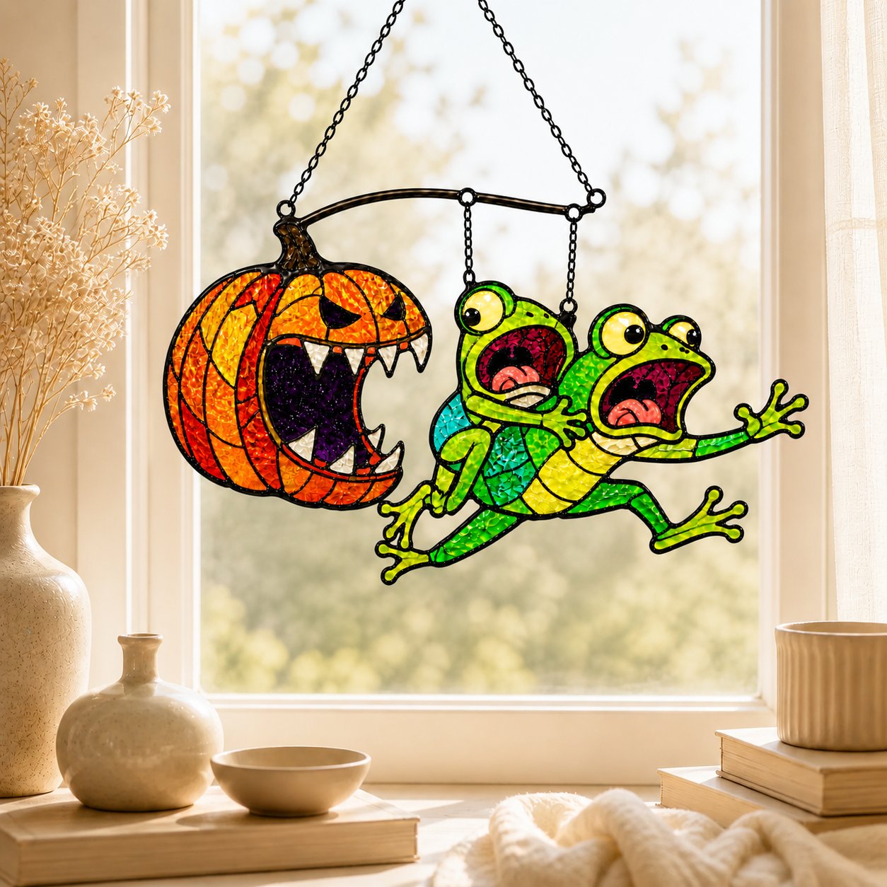 Monster Pumpkin Chasing Frogs Holographic Acrylic Suncatcher