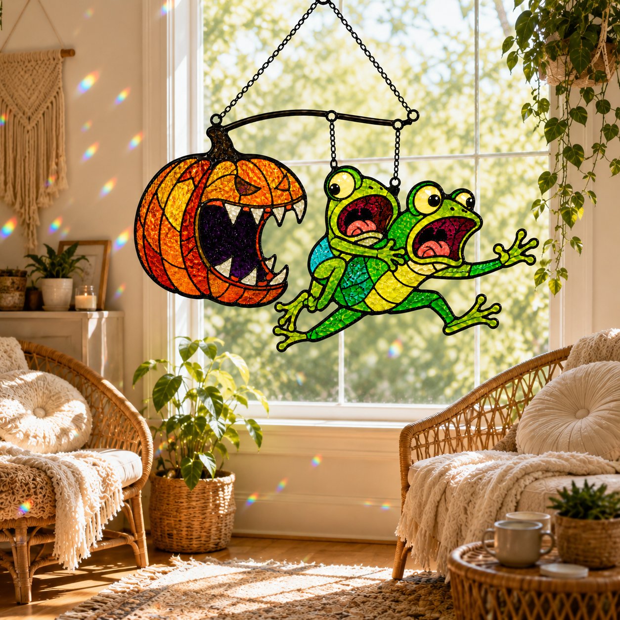 Monster Pumpkin Chasing Frogs Holographic Acrylic Suncatcher