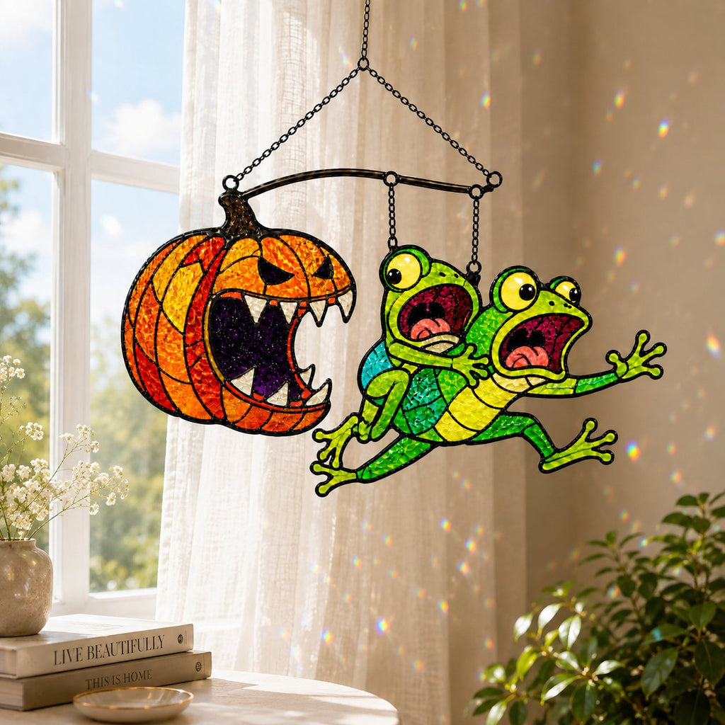Monster Pumpkin Chasing Frogs Holographic Acrylic Suncatcher