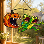 Monster Pumpkin Chasing Frogs Holographic Acrylic Suncatcher