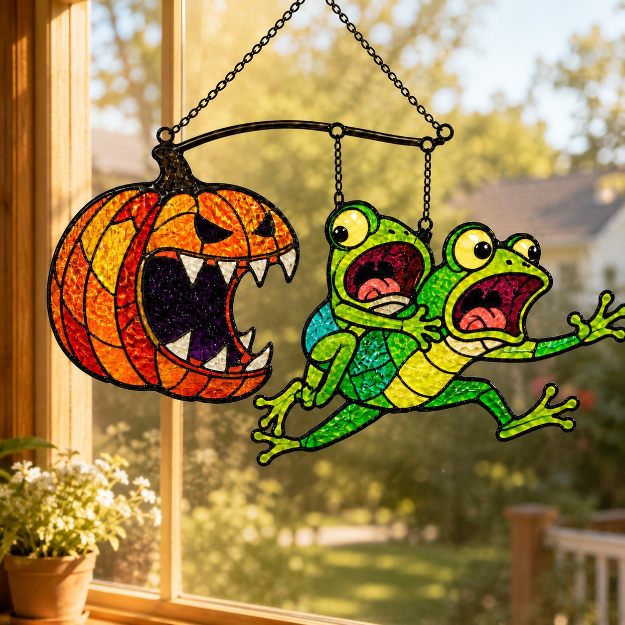 Monster Pumpkin Chasing Frogs Holographic Acrylic Suncatcher