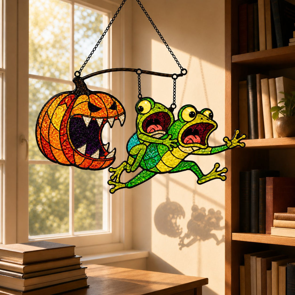 Monster Pumpkin Chasing Frogs Holographic Acrylic Suncatcher