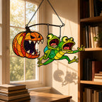 Monster Pumpkin Chasing Frogs Holographic Acrylic Suncatcher