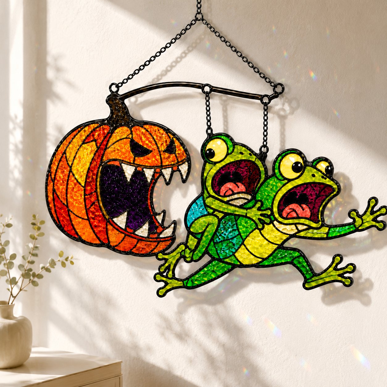Monster Pumpkin Chasing Frogs Holographic Acrylic Suncatcher