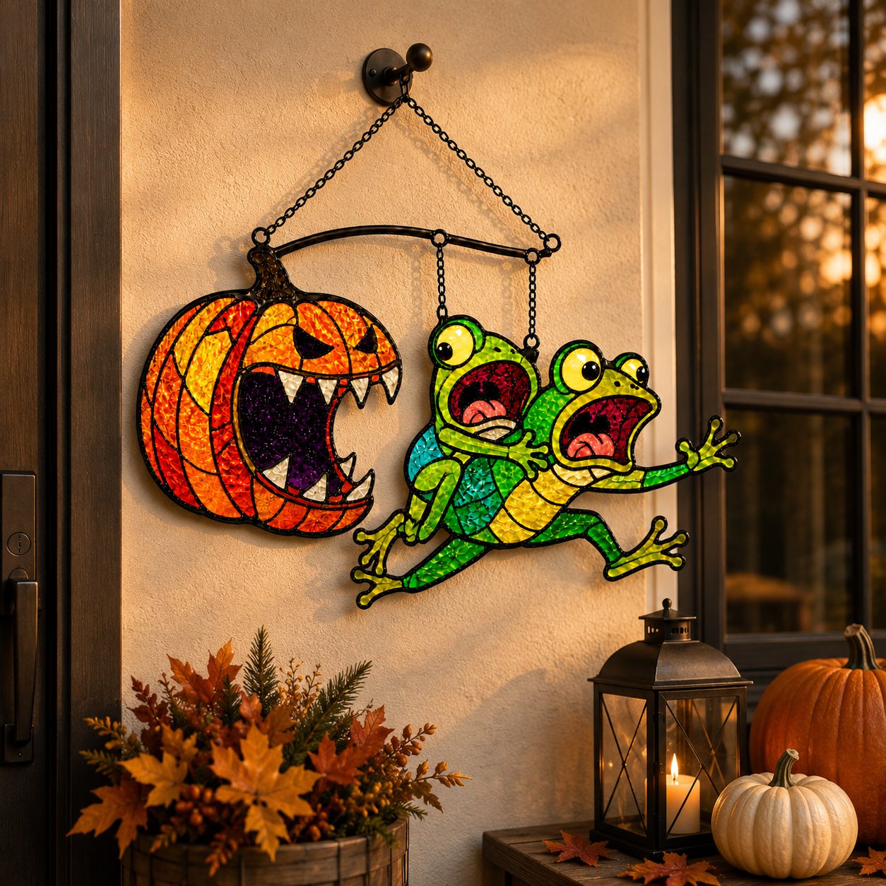 Monster Pumpkin Chasing Frogs Holographic Acrylic Suncatcher