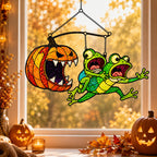 Monster Pumpkin Chasing Frogs Holographic Acrylic Suncatcher