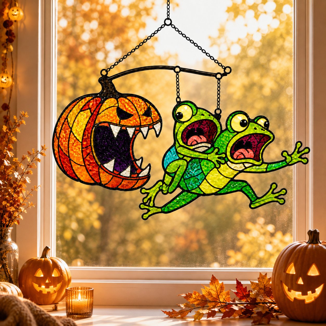 Monster Pumpkin Chasing Frogs Holographic Acrylic Suncatcher