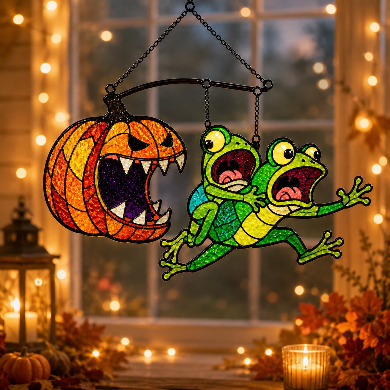 Monster Pumpkin Chasing Frogs Holographic Acrylic Suncatcher
