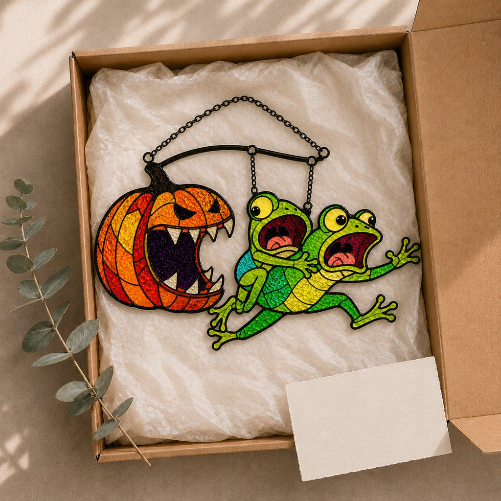 Monster Pumpkin Chasing Frogs Holographic Acrylic Suncatcher