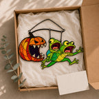 Monster Pumpkin Chasing Frogs Holographic Acrylic Suncatcher