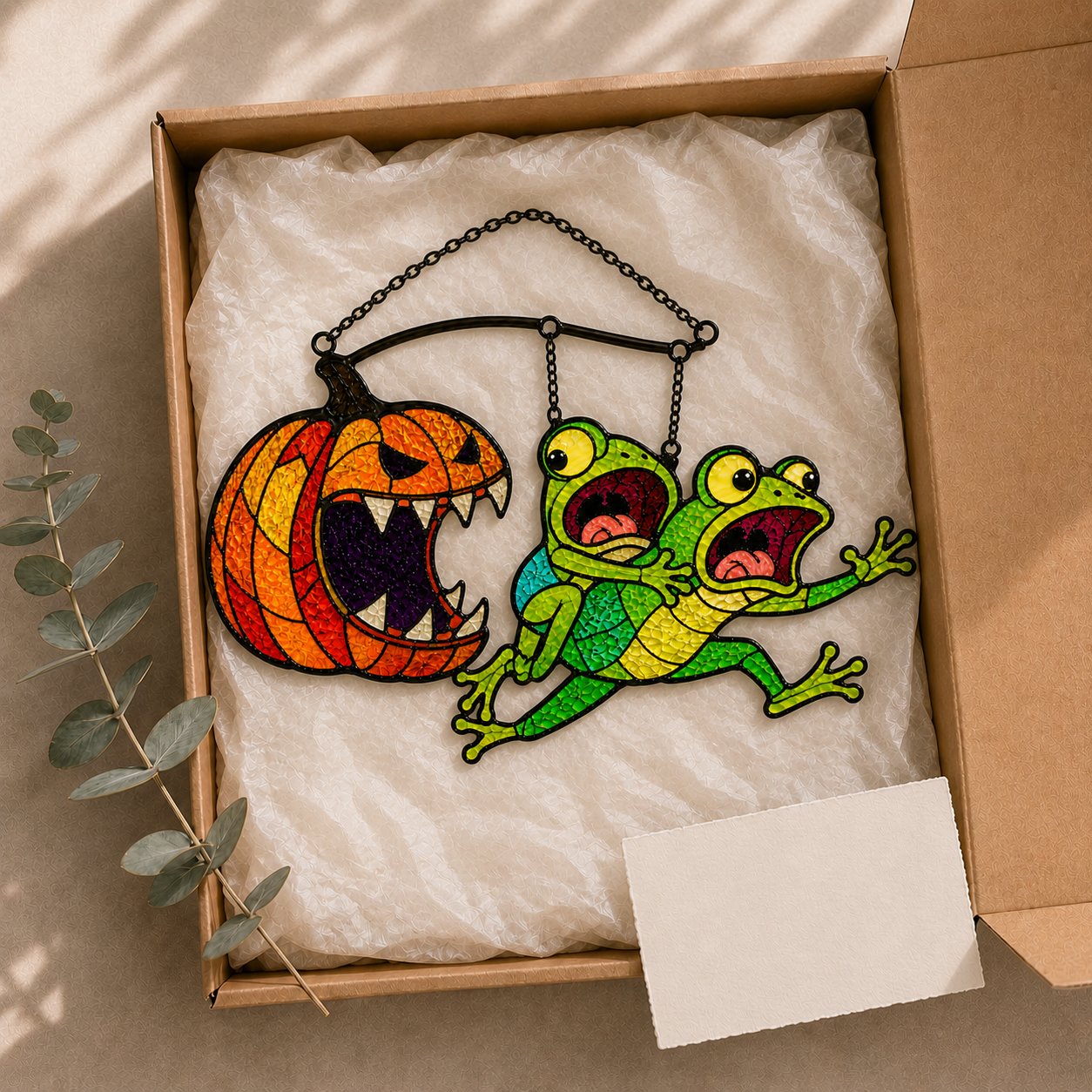 Monster Pumpkin Chasing Frogs Holographic Acrylic Suncatcher
