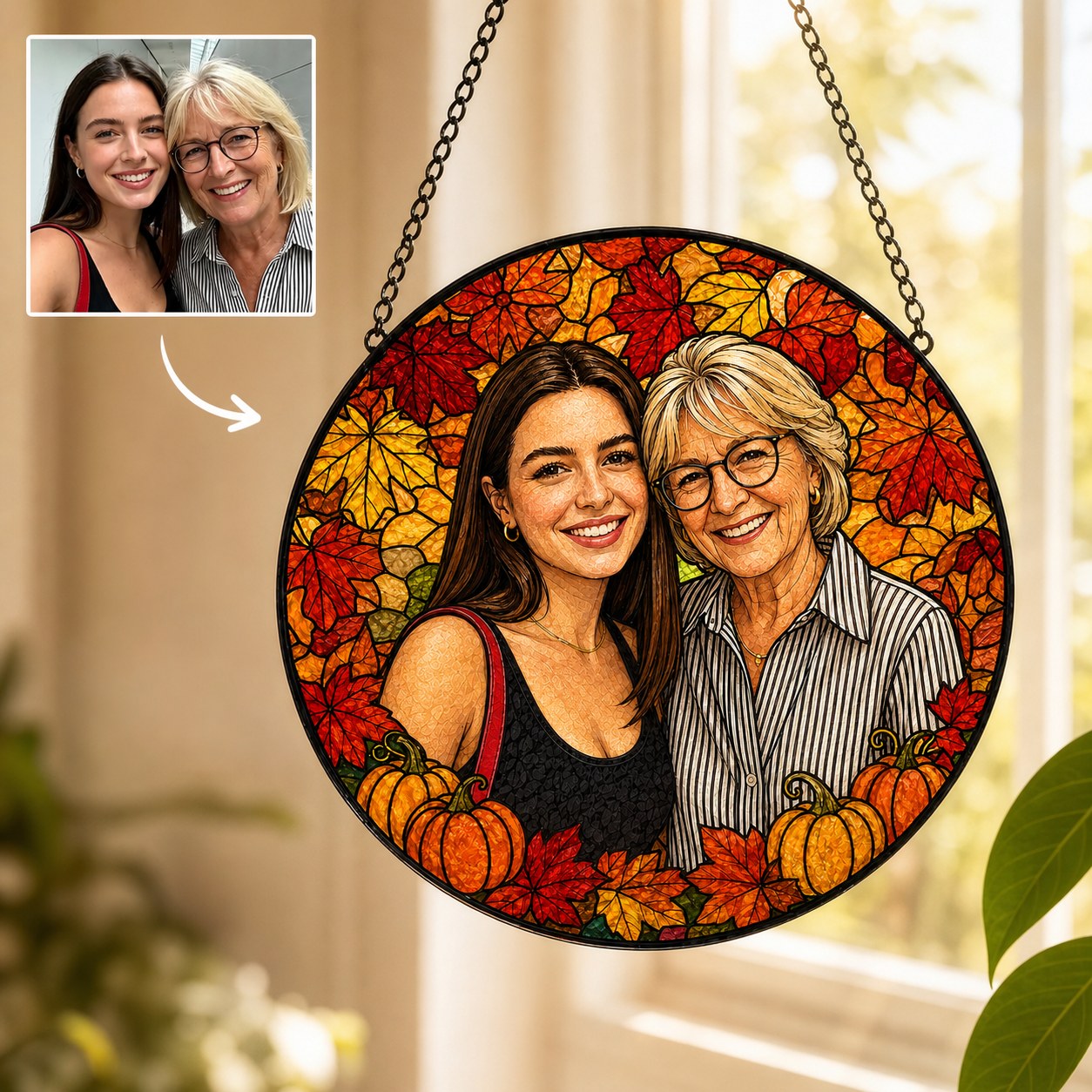 Personalized Autumn Leaves Photo Stained Glass Suncatcher