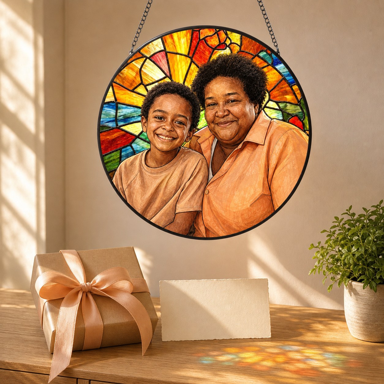Personalized Sunburst Photo Stained Glass Suncatcher