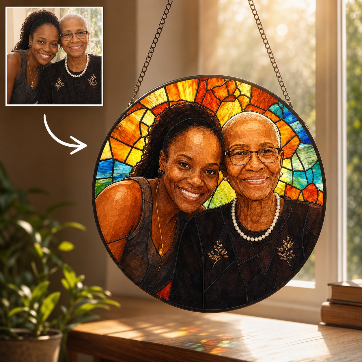 Personalized Sunburst Photo Stained Glass Suncatcher