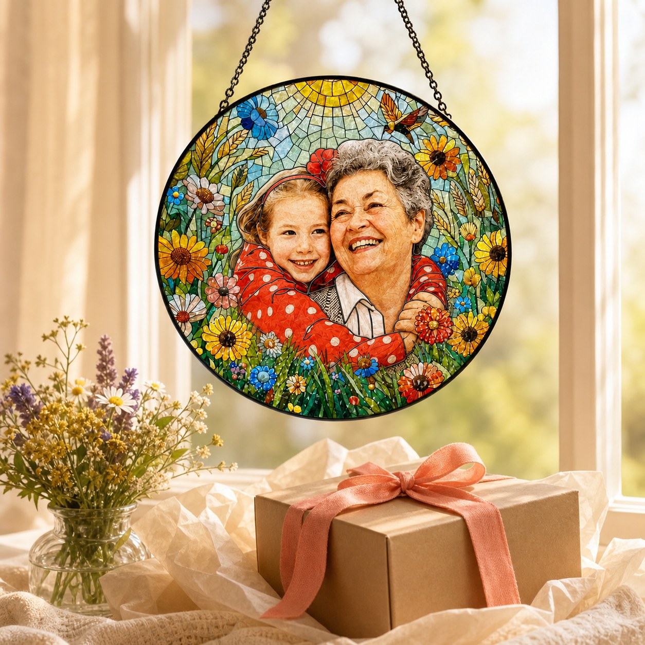 Personalized Sunlit Meadow Photo Stained Glass Suncatcher