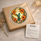 Gift-ready Sunburst Hibiscus Hummingbird acrylic puzzle suncatcher displayed on a kraft box with Pixiwoo card.