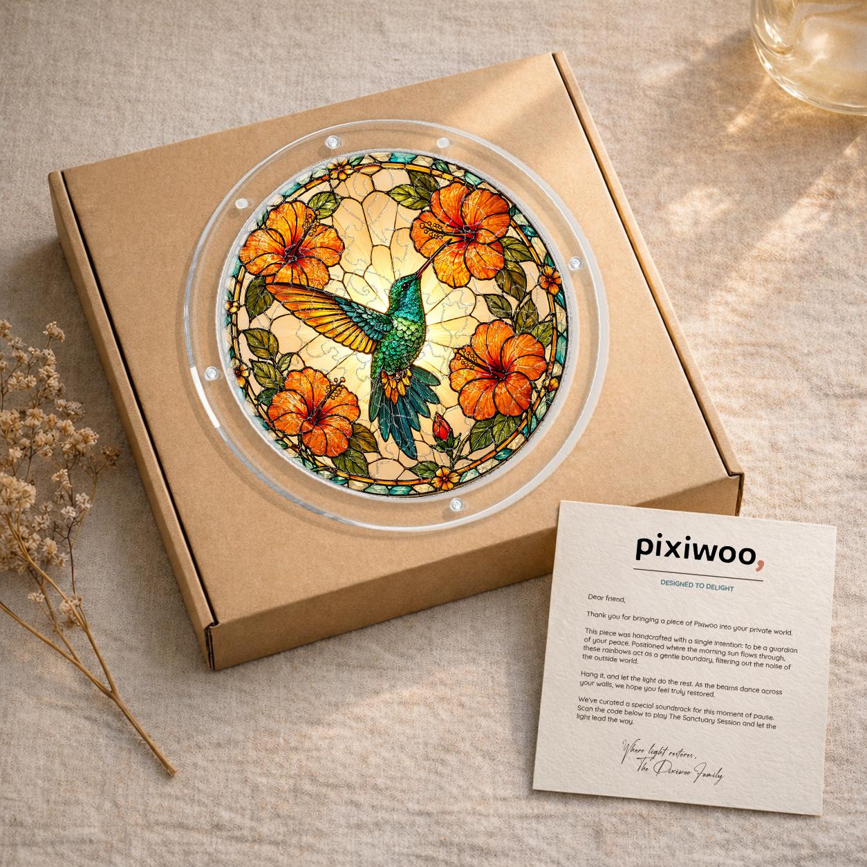 Gift-ready Sunburst Hibiscus Hummingbird acrylic puzzle suncatcher displayed on a kraft box with Pixiwoo card.