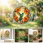 Hummingbird hibiscus acrylic puzzle suncatcher displayed in several bright home and garden window settings.