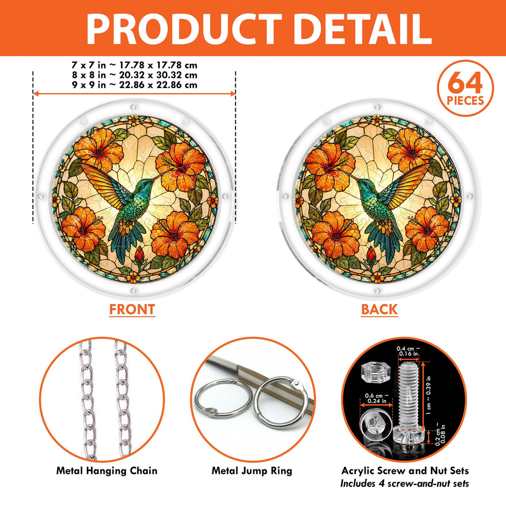 Product detail graphic showing front and back views, 64 puzzle pieces, available sizes, hanging chain, jump rings, and screw hardware.