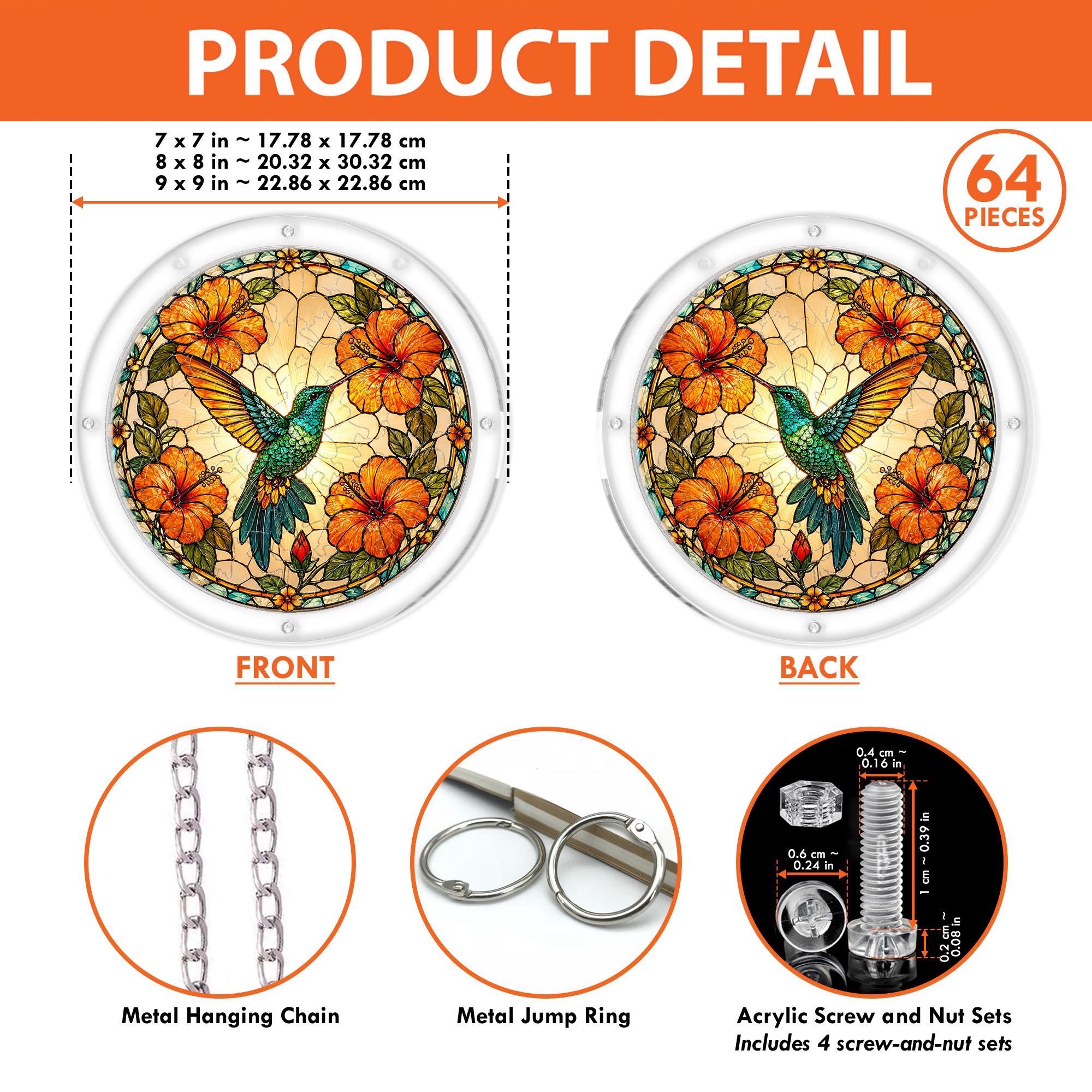 Product detail graphic showing front and back views, 64 puzzle pieces, available sizes, hanging chain, jump rings, and screw hardware.