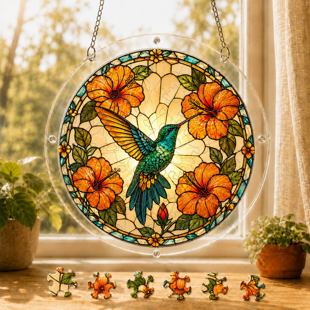Round Sunburst Hibiscus Hummingbird acrylic puzzle suncatcher hanging in a sunny window with colorful loose puzzle pieces below.