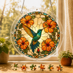 Round Sunburst Hibiscus Hummingbird acrylic puzzle suncatcher hanging in a sunny window with colorful loose puzzle pieces below.