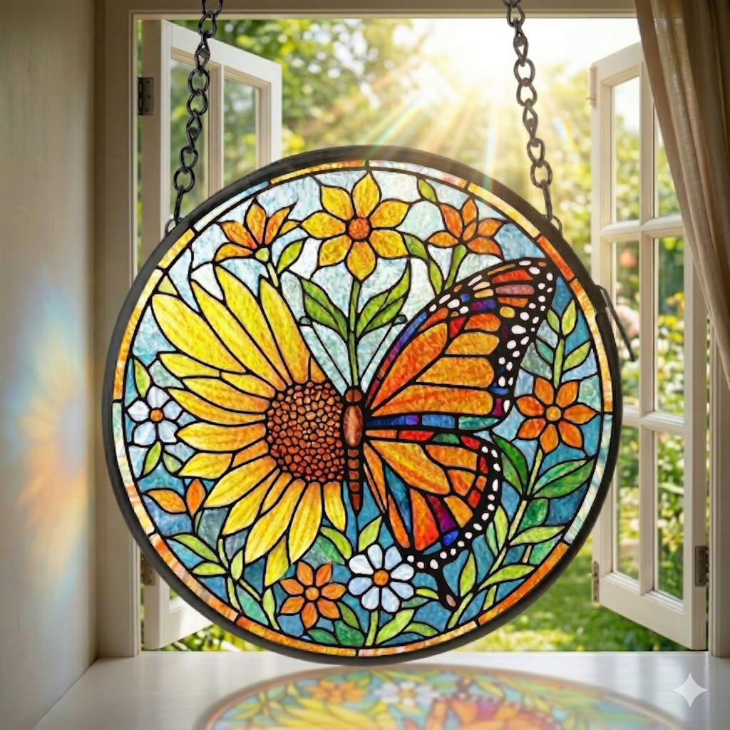Sunflower and monarch butterfly stained glass suncatcher