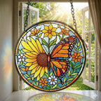 Sunflower and monarch butterfly stained glass suncatcher