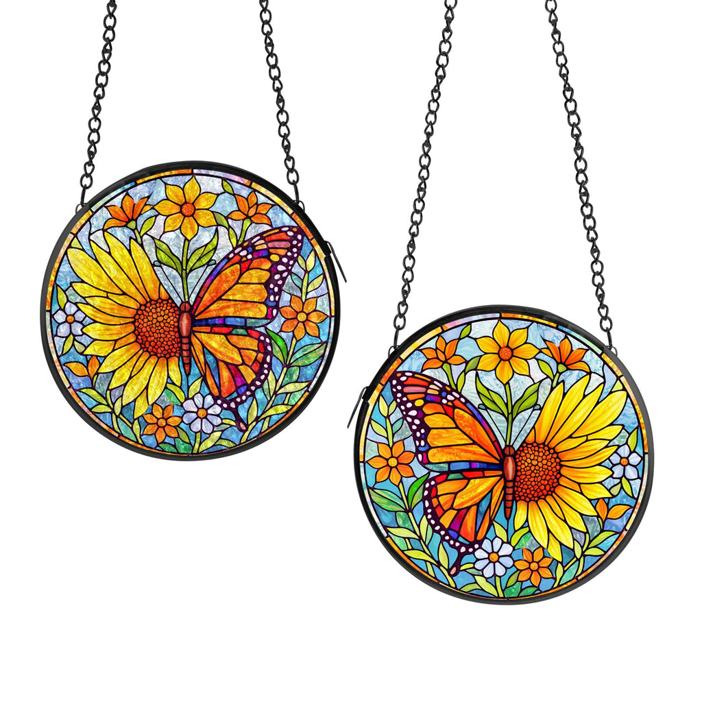 Sunflower butterfly stained glass suncatcher in a window