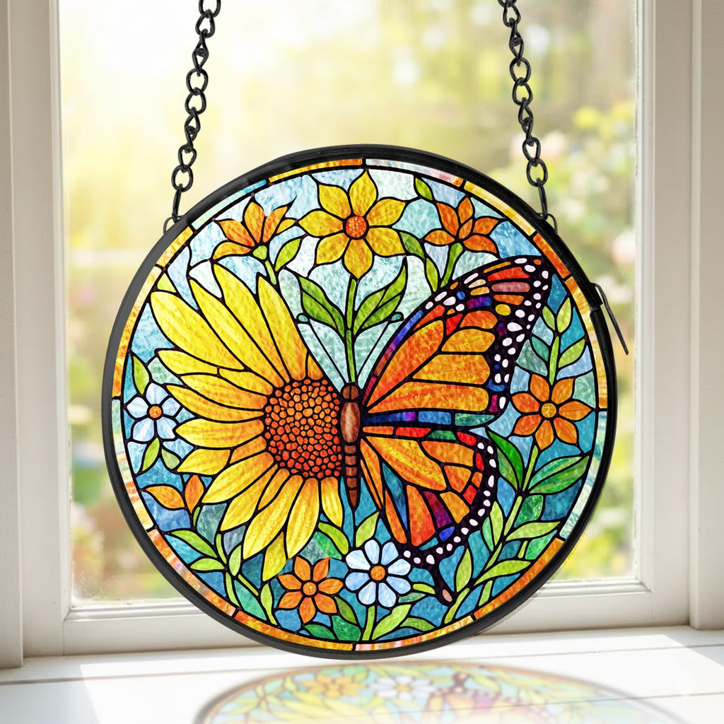Sunflower butterfly stained glass suncatcher packaging