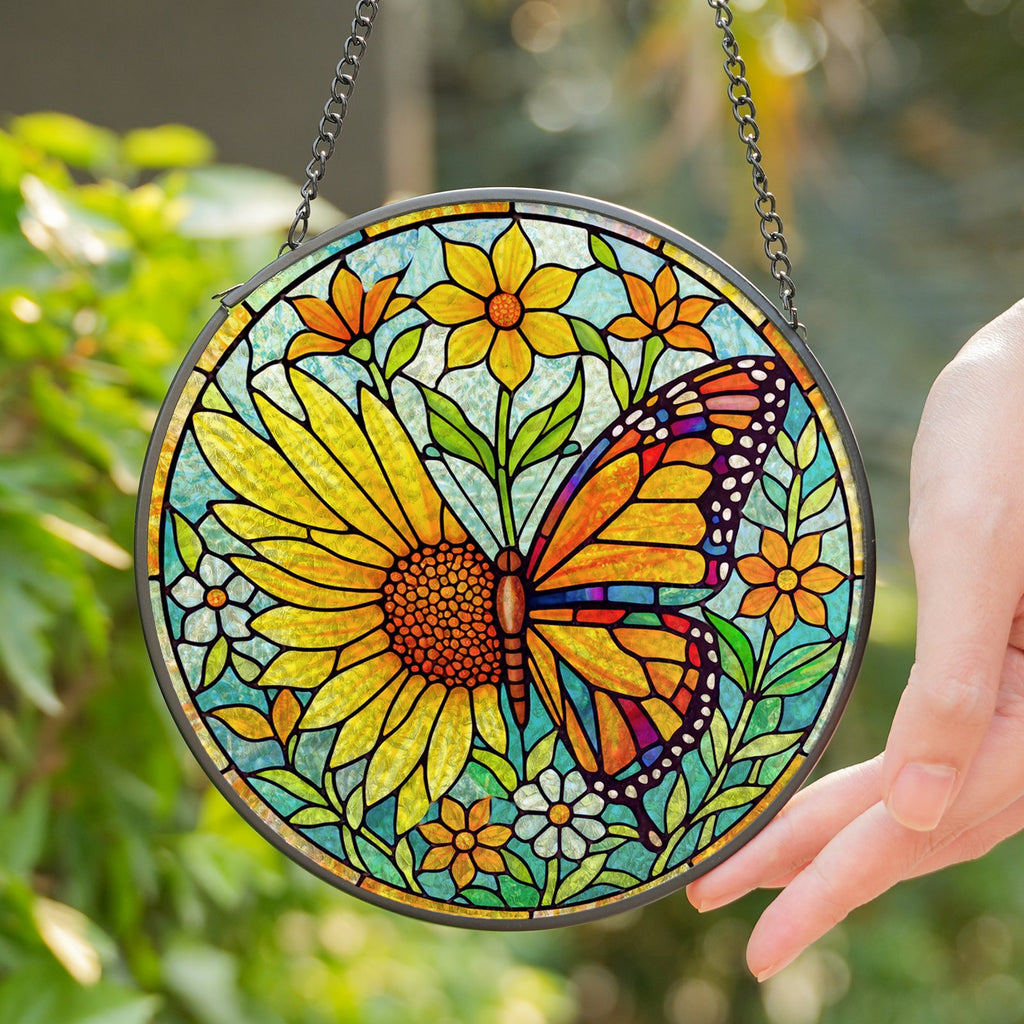 Sunflower butterfly stained glass suncatcher