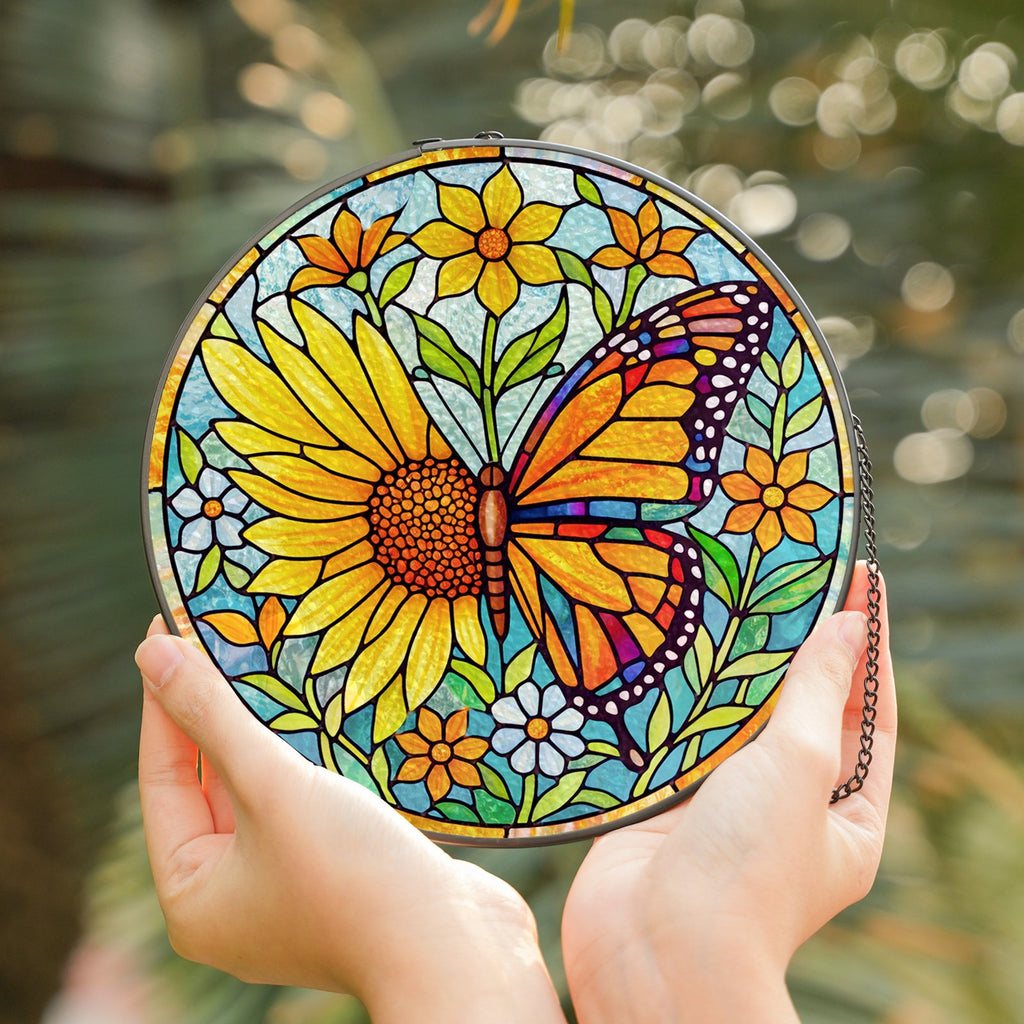Sunflower butterfly stained glass suncatcher