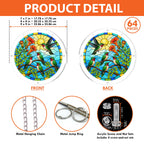 Product detail image showing front and back views, available sizes, 64 pieces, metal chain, jump rings, and clear screw hardware for hummingbird puzzle suncatcher