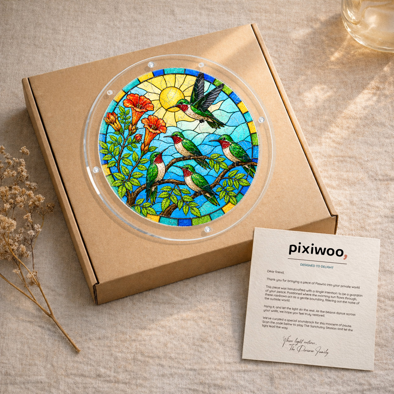 Gift-ready sunlit hummingbird family trumpet vine acrylic puzzle suncatcher displayed on kraft box with Pixiwoo thank-you card