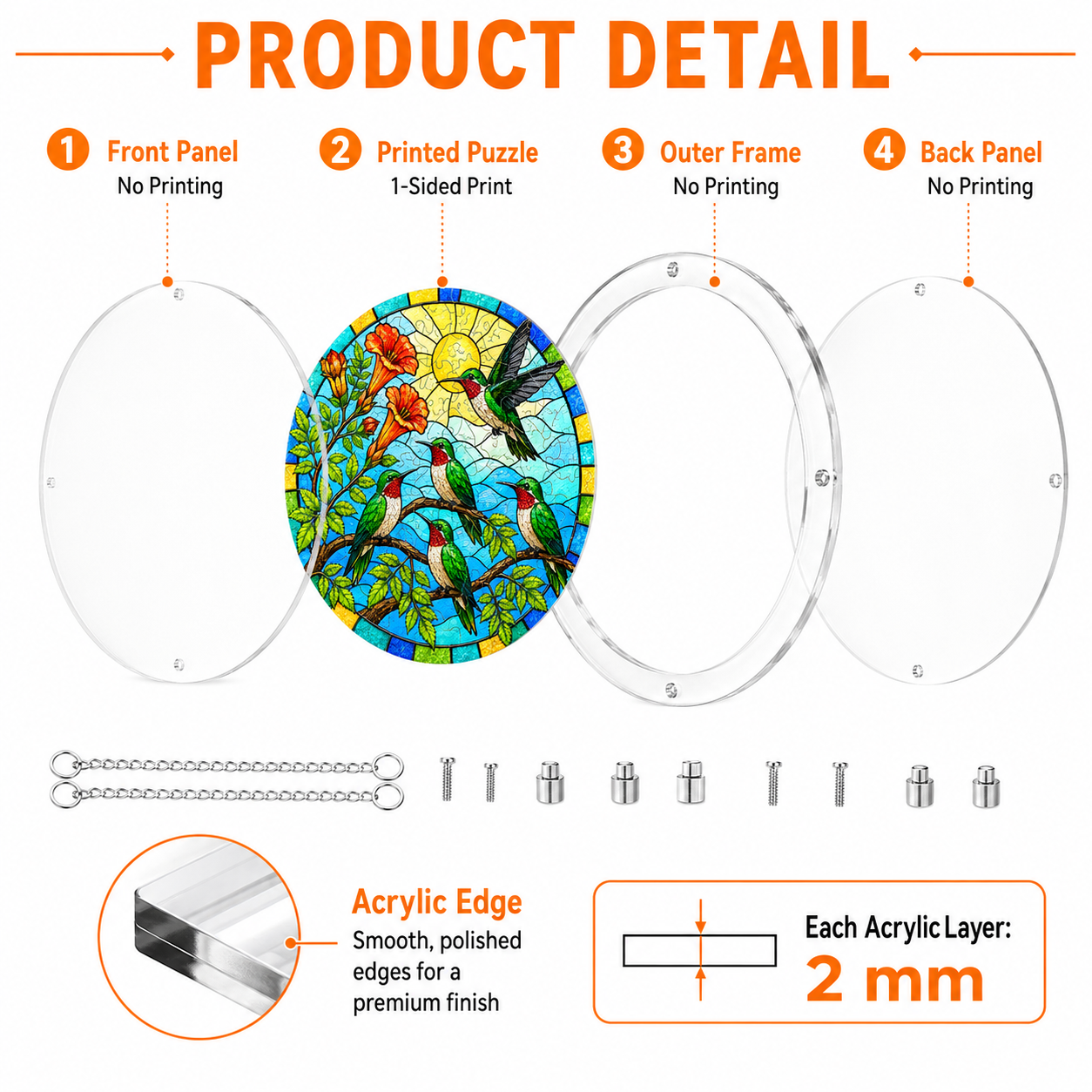 Product detail image showing acrylic layers of a round sunlit hummingbird family trumpet vine puzzle suncatcher and 2 mm layer thickness