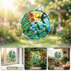Sunlit hummingbird family trumpet vine acrylic puzzle suncatcher displayed in window, garden, and balcony settings
