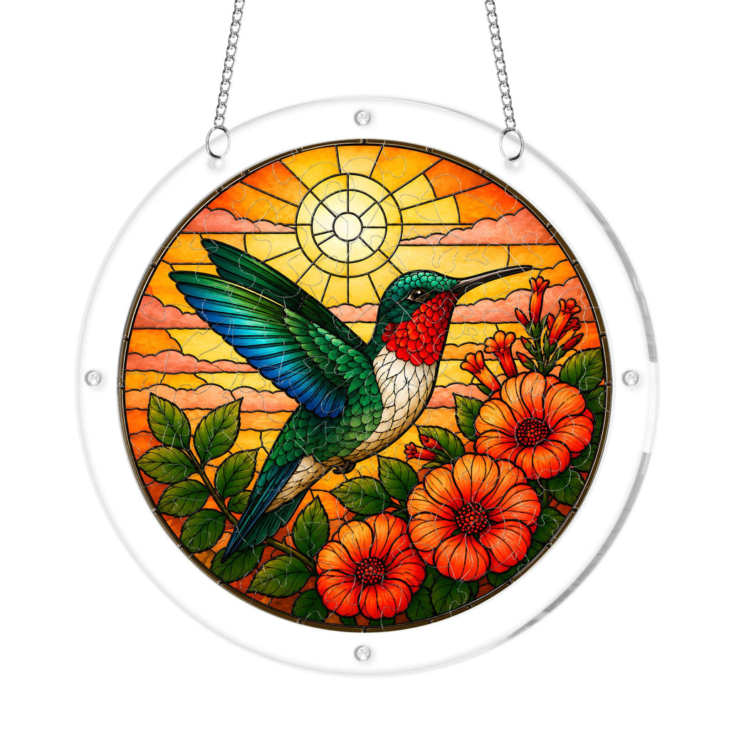 Sunset orange flower hummingbird acrylic puzzle suncatcher on white background